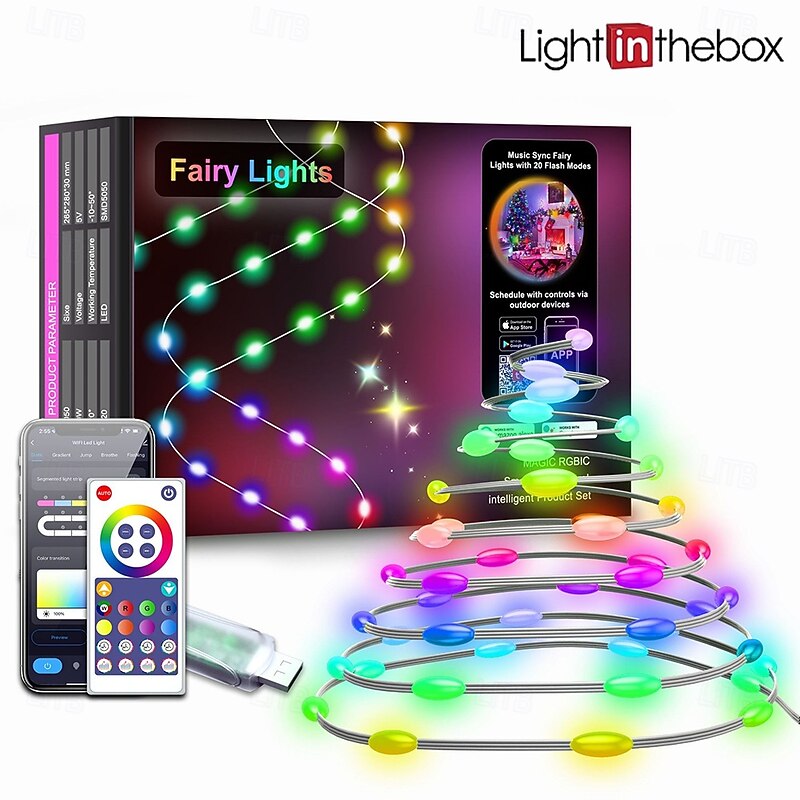 LED Smart Light Tuya Intelligent Point Control Leather Wire Light, IP68 Waterproof Christmas Tree Lights WiFi-Controlled Colorful LED Light String USB Power Supply with Remote Control