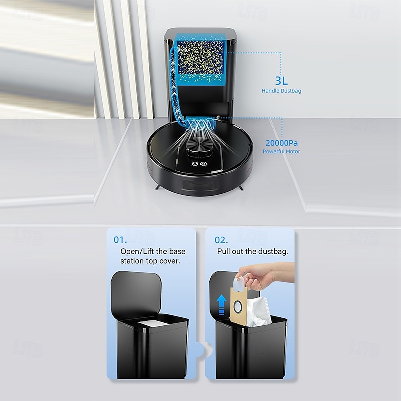 Floor Cleaning Robot Combo with LiDAR Navigation APP Control Smart Mapping No-Sweep Zones and Hidden Wall Settings Auto-Charging Long-Lasting Battery 3500Pa Powerful Suction Self-Filling and Em2