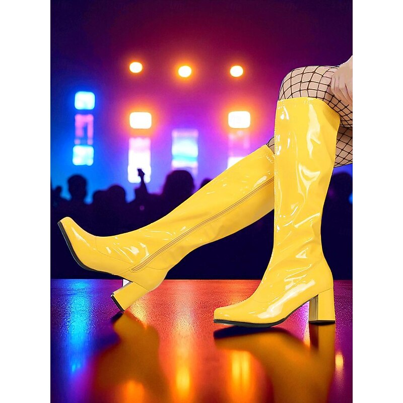 Women's Silver Patent Faux Leather Knee-High Boots with Block Heels, 1980s Retro Go-Go Style Fashion Boots for Parties, Dance Performances & Night Out4