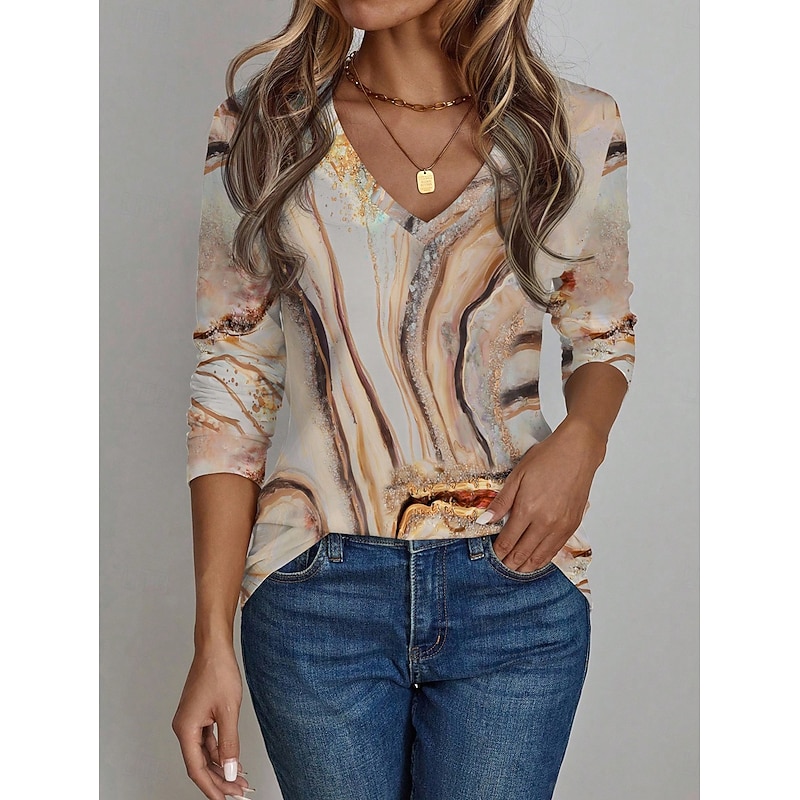Women's T Shirt Graphic Scenery Vintage Stylish Casual Long Sleeve V Neck Regular Tops Daily Print Khaki Spring Fall