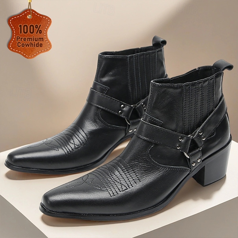 Men's Genuine Leather Black Harness Boots with Pointed Toe and Block Heel, Cowhide Motorcycle Cowboy Boots for Stage, Parties and Rock Style Outfits