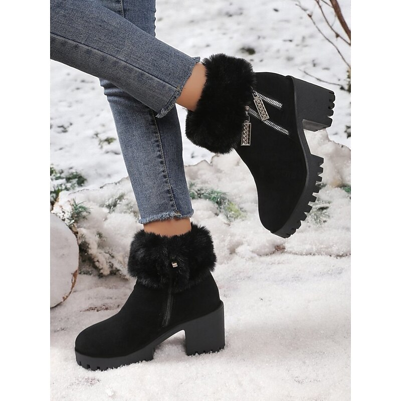 Women's Black Faux Suede Fur-Lined Ankle Boots, Warm Zip-Up Chunky Heel Winter Booties for Snow, Outdoor Wear & Christmas Outfits2