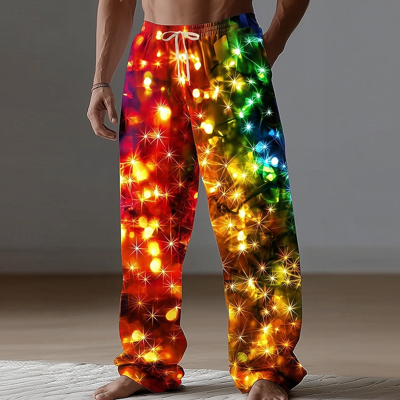 Christmas Men's Sparkling Glitter Christmas Light Pants Trousers Casual Pants Mid Waist Drawstring Elastic Waist Casual Outdoor Holiday Straight Leg Trousers Spring Fall 3D Print Red Orange2