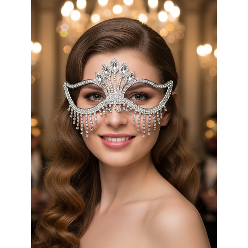 Women's Rhinestone Masquerade Mask, Elegant Crystal Eye Mask with Dangling Fringe for Costume Ball, Prom & Party Events