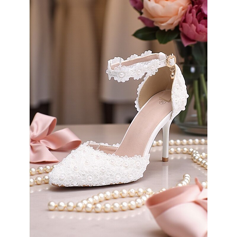 Women's White and Pink Lace Stiletto Heels - Elegant Ankle Strap Wedding Shoes for Brides and Formal Occasions4