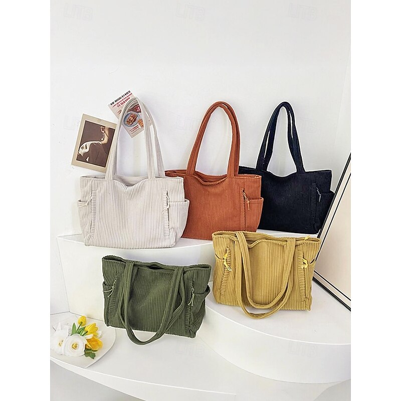 Women's Corduroy Tote Bag, Large Capacity Casual Vintage Shoulder Handbag, Lightweight Shopping Travel Work Purse for Ladies3