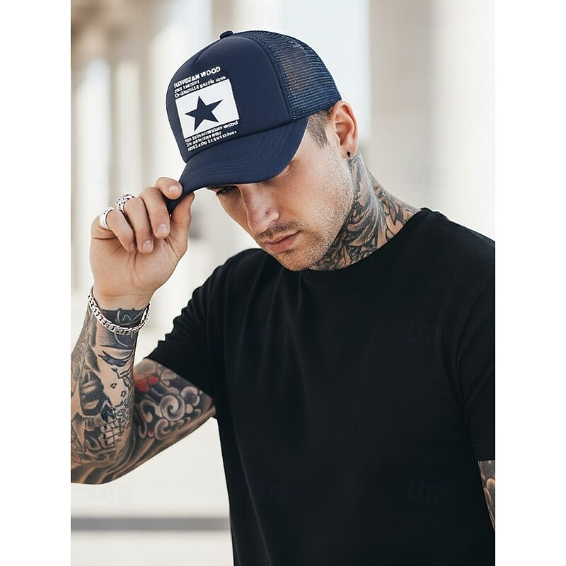Men's Trucker Cap with Star Print, Breathable Mesh Adjustable Baseball Hat, Casual Streetwear Outdoor Sports Snapback4