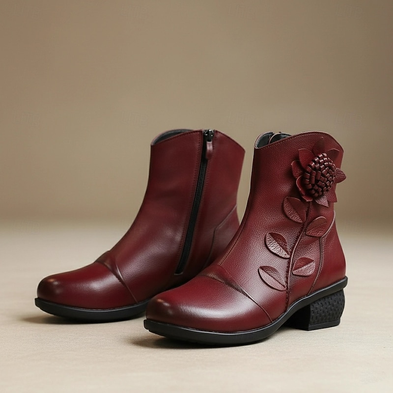 Women's Red Leather Ankle Boots with Floral Appliqué – Vintage Mid-Heel Short Boots for Casual and Dressy Outfits4