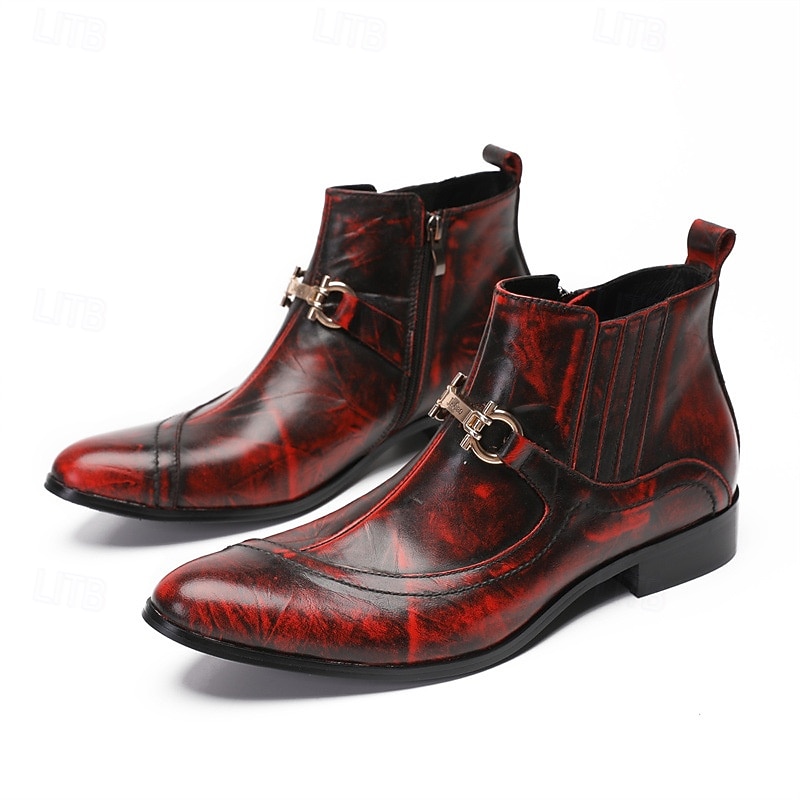 Men's Red Genuine Leather Monk Strap Ankle Boots with Burnished Finish and Buckle Detailing, Cowhide Dress Boots for Parties, Concerts and Fashion Events2