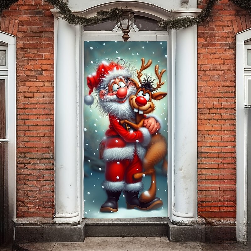 Christmas Door Cover Winter Holiday Decoration Drapes with Santa Claus Reindeer and Christmas Gift Boxes Print for Home Entryway Living Room Bedroom Indoor Outdoor Festive Seasonal Decor2