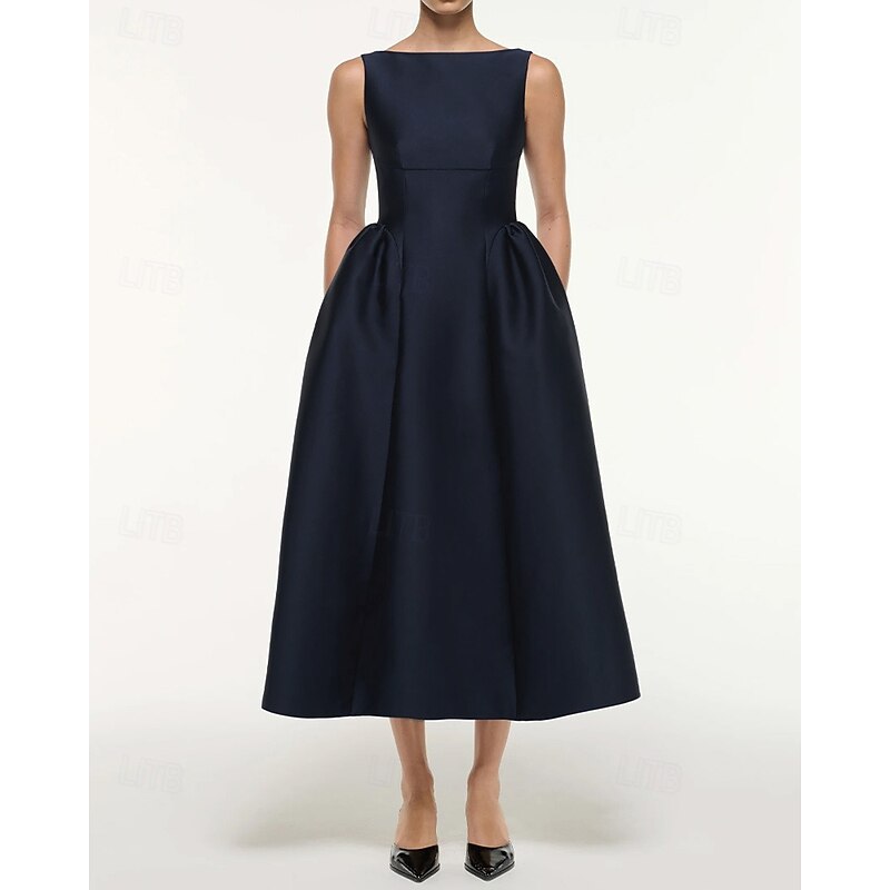 A-Line Cocktail Dresses Elegant Dress Formal Wedding Tea Length Sleeveless Boat Neck Satin with Pleats Pocket4