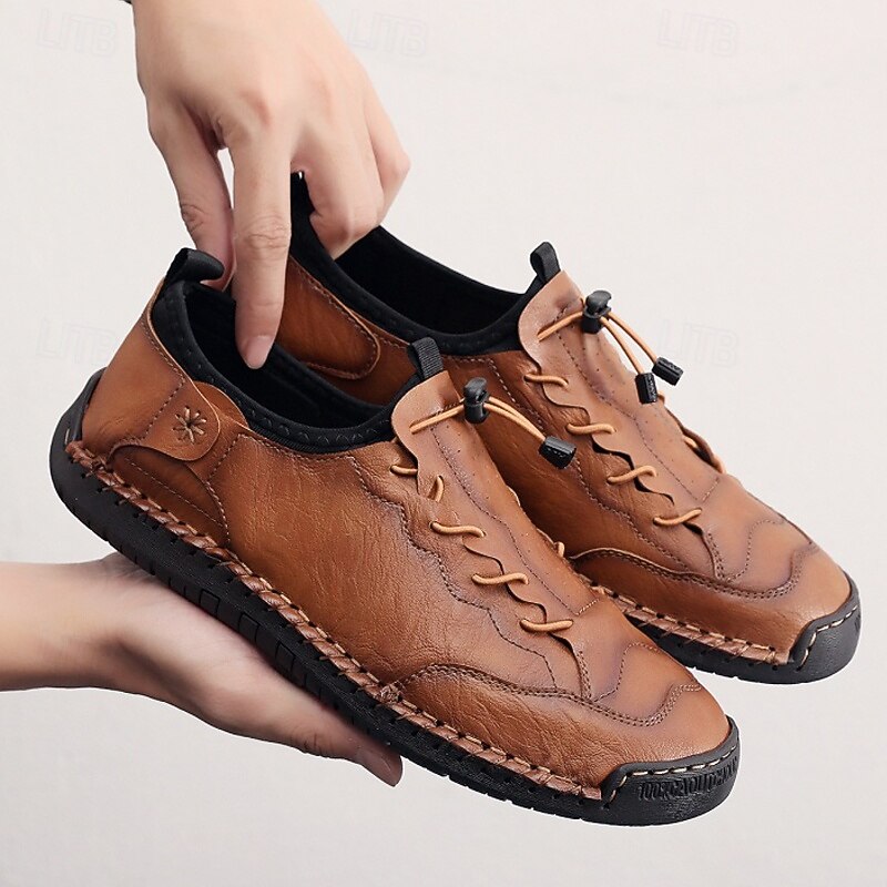 Men's Brown Handmade  Casual Shoes with Soft Rubber Sole and Elastic Drawstring, Comfortable Outdoor Driving Loafers for Travel and Daily Wear2