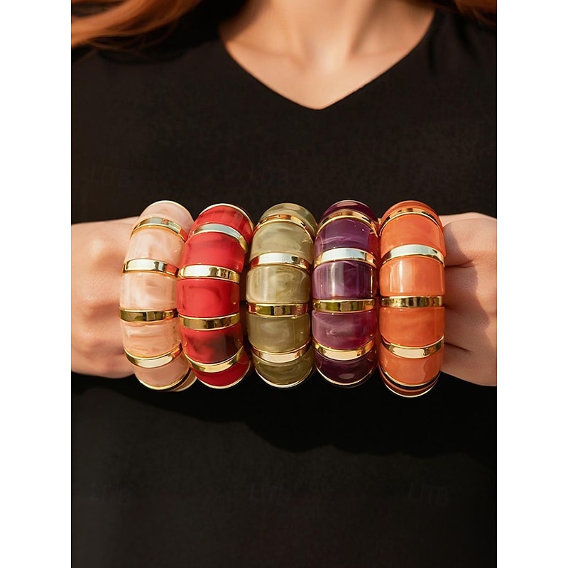 Women's Acrylic Stretch Bracelet with Gold Accents, Chunky Resin Bangle in Multiple Colors, Stylish Christmas Jewelry Gift for Parties & Holiday Outfits2