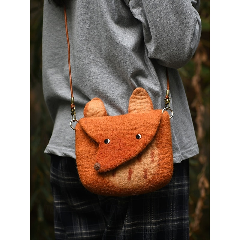 Women's Felt Crossbody Bag, Cute Fox Shape Shoulder Purse, Vintage Handmade Animal Design Handbag for Ladies Casual Daily Travel3