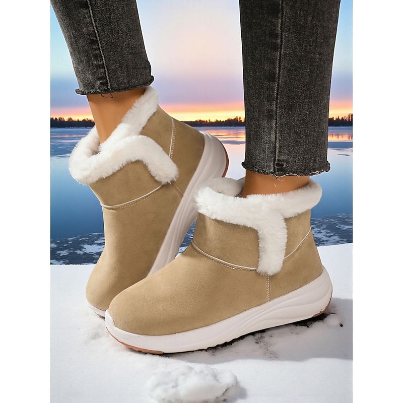 Women's Almond Faux Suede Winter Snow Boots with Warm Fleece Lining and Anti-Slip Soles, Casual Cozy Ankle Booties for Outdoor Cold Weather2