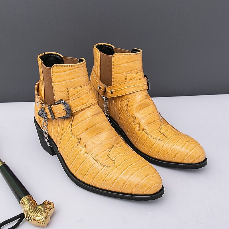 Men's Yellow Crocodile-Pattern  Ankle Boots with Buckle Strap and Block Heel, Stylish Western Motorcycle Boots for Parties and Stage Wear3