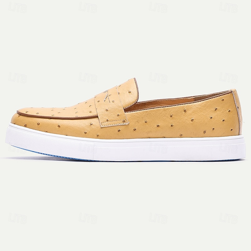 Men's Yellow Genuine Leather Ostrich Pattern Loafers with Soft Insole and Non-Slip Rubber Sole, Luxury Casual Slip-On Shoes for Business and Weekend Wear3