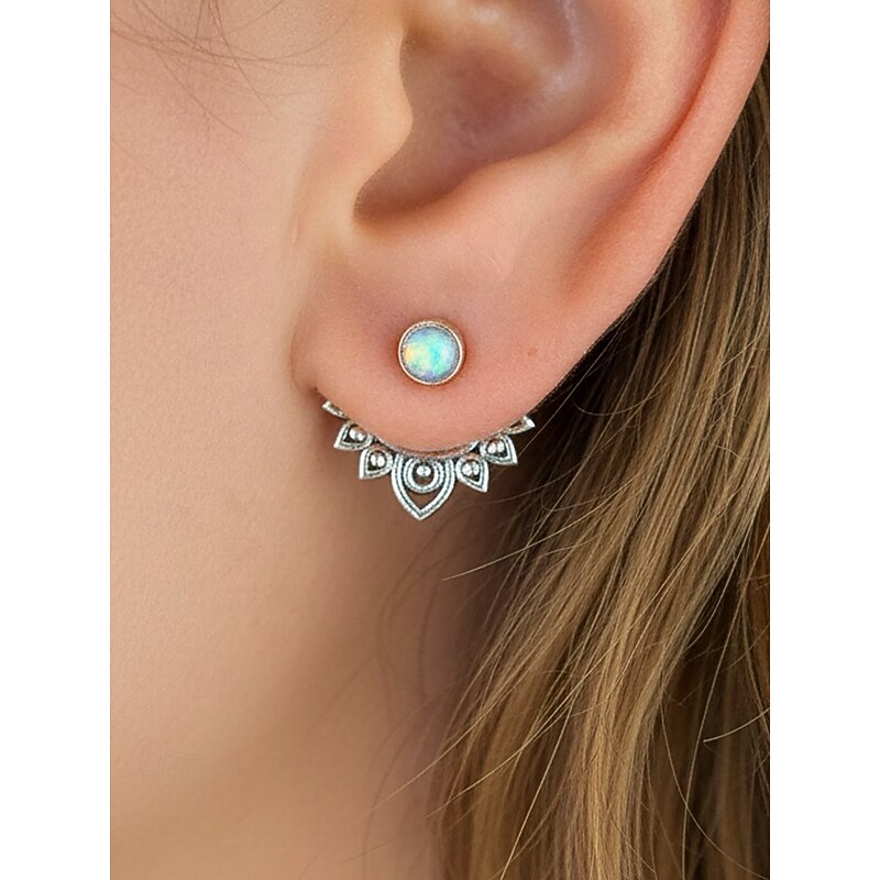 Women's Bohemian Opal Stud Earrings with Vintage Lotus Design – Ethnic Jewelry for Casual, Festival and Party Wear