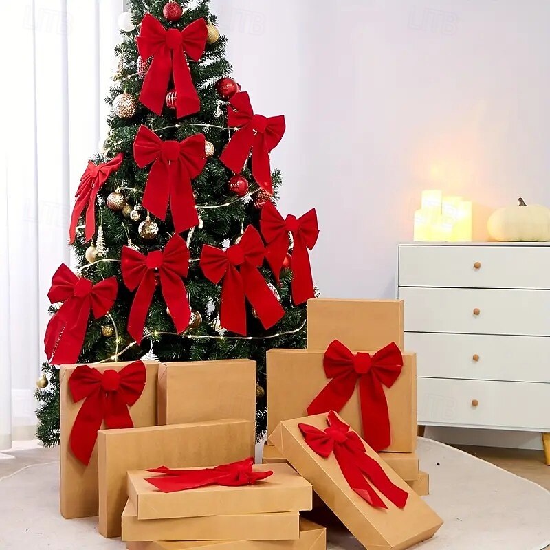 10/20pcs Christmas Ribbon Bows Ornaments Xmas Tree Decorations – Large Red Velvet Bows, 13x9 Inch, Elegant Holiday Decor for Wreaths, Tree, Gifts, Indoor/Outdoor Party