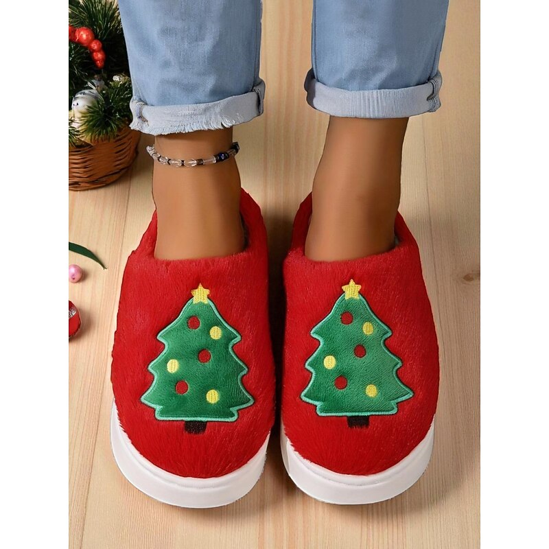 Women's Christmas Tree Plush Slippers – Warm Fleece Indoor Shoes for Winter, Holiday and Home Relaxation3