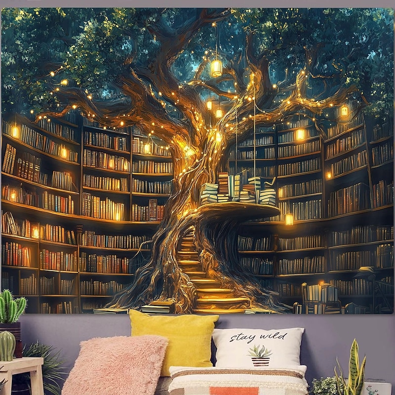 Tree of Life Hanging Tapestry Glowing Tree Bookshelf Warm Light Large Wall Art Mural Decor Blanket Curtain Home Bedroom Living Room Reading Nook Decoration2