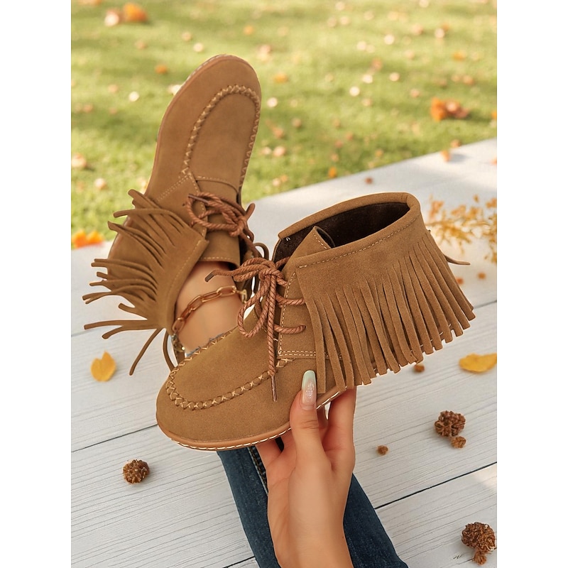 Women's Fringe Faux Suede Moccasin Boots – Retro Lace-Up Ankle Boots for Fall, Outdoor Adventures and Casual Daily Style