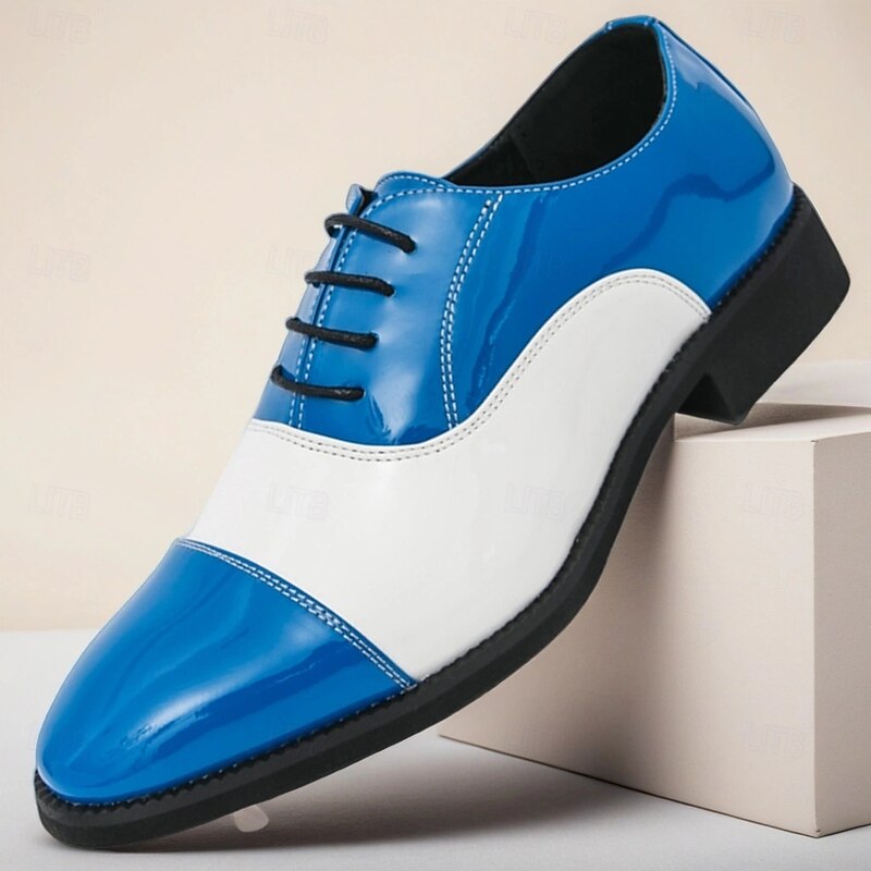 Men's Blue and White Oxford Dress Shoes with Polished Finish, Vintage Two-Tone Lace-Up Shoes for Stage Shows, Parties and Retro Fashion Eventsr