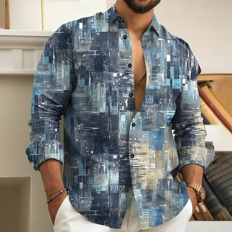 Men's Geometric Color Block Patchwork Shirt Button Up Shirt Long Sleeve Vintage Retro Holiday Casual Daily Spring Fall Turndown 3D Print Collared Shirts Blue Gray2