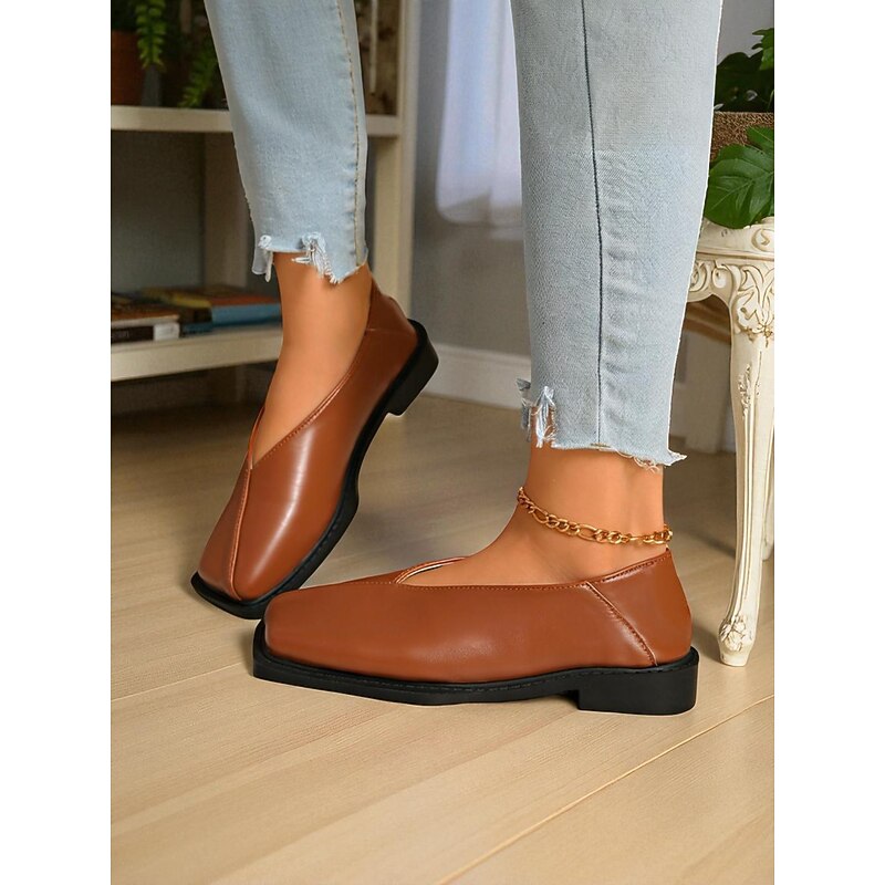 Women's Brown Faux Leather Flats - Fashion Square Toe Slip-On Loafers for Office, Casual Wear & Daily Comfort4