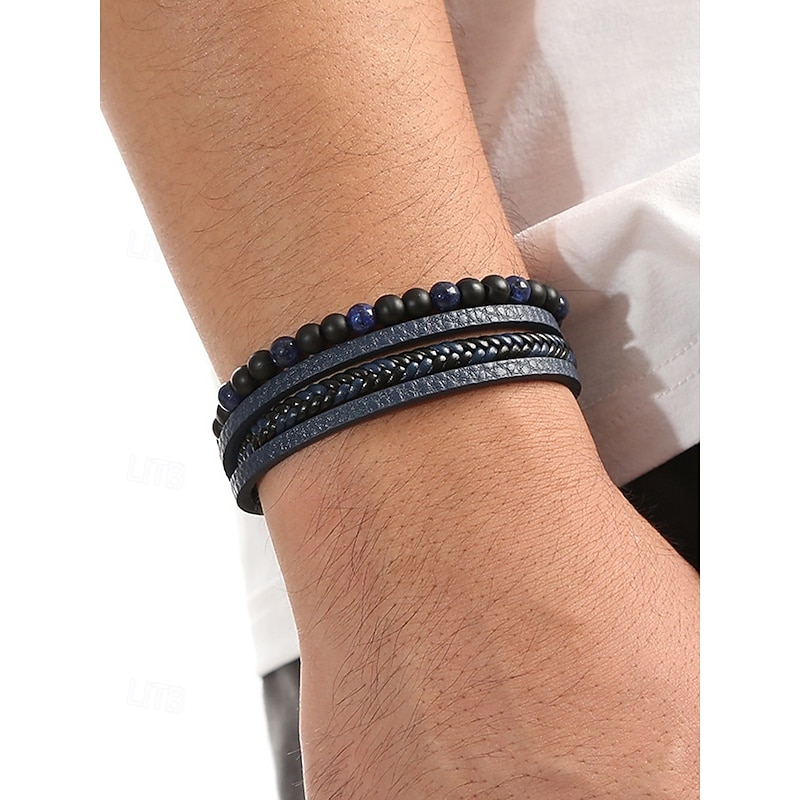 Men's Alloy Faux Leather Beaded Bracelet Set, Multi-Layer Braided Wristband with Magnetic Clasp, Fashion Punk Jewelry for Casual, Party & Gift3