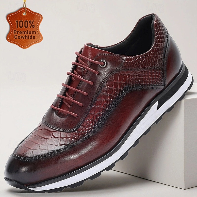 Men's Burgundy Genuine Leather Crocodile Embossed Sneakers with Round Toe and Contrast Stitching, Elegant Luxury Shoes for Parties and Business Events