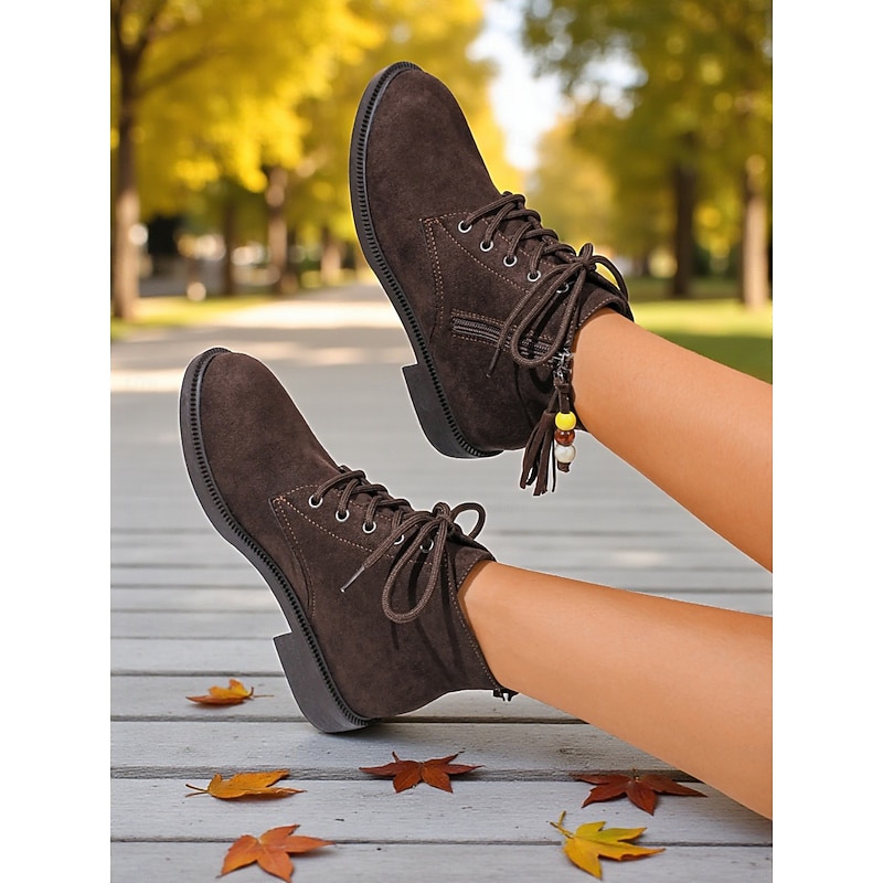 Women's Dark Brown Lace-Up Ankle Boots with Side Zipper and Beaded Tassel Detail, Comfortable Low Heel City Nomadic Style Faux Suede Boots for Casual Daily Outfits Wear3