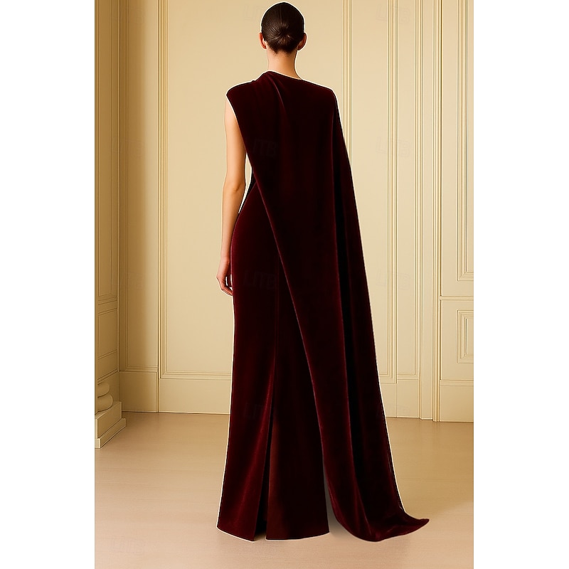 Burgundy Cape Dress Mermaid / Trumpet Stretch Velvet Evening Gown Elegant Formal Dress Formal Wedding Floor Length Sleeveless Gold Sequined with Ruched Beading 20252