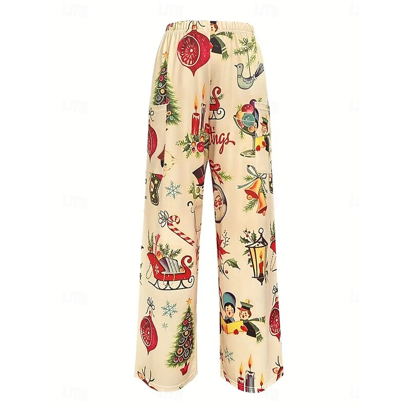 Women's Wide Leg Chinos Pants Trousers Vacation Vintage Ethnic Style Full Length High WaistPantsUgly Christmas Graphic Christmas Pocket Elastic Waistband Print Comfy Breathability Inelastic Vacation3
