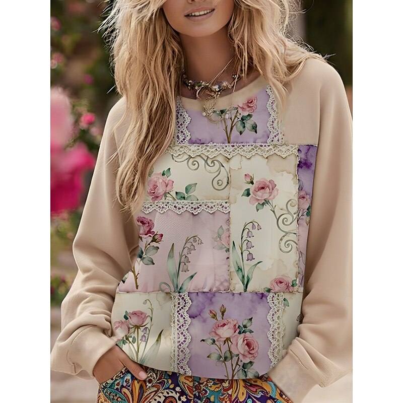 Women's Pullover Sweatshirts Floral Fashion Streetwear Classic Long Sleeve Round Neck Regular Tops Dailywear Casual Print Purple Spring Fall