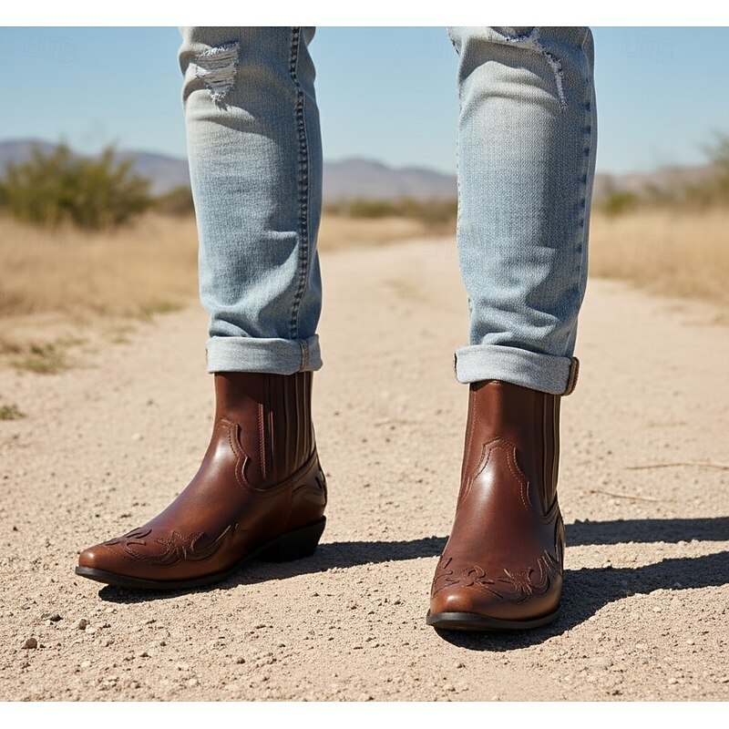 Men's Brown Faux Leather Western Ankle Boots - Vintage Style with Intricate Embroidery for Cowboy and Casual Wear 8