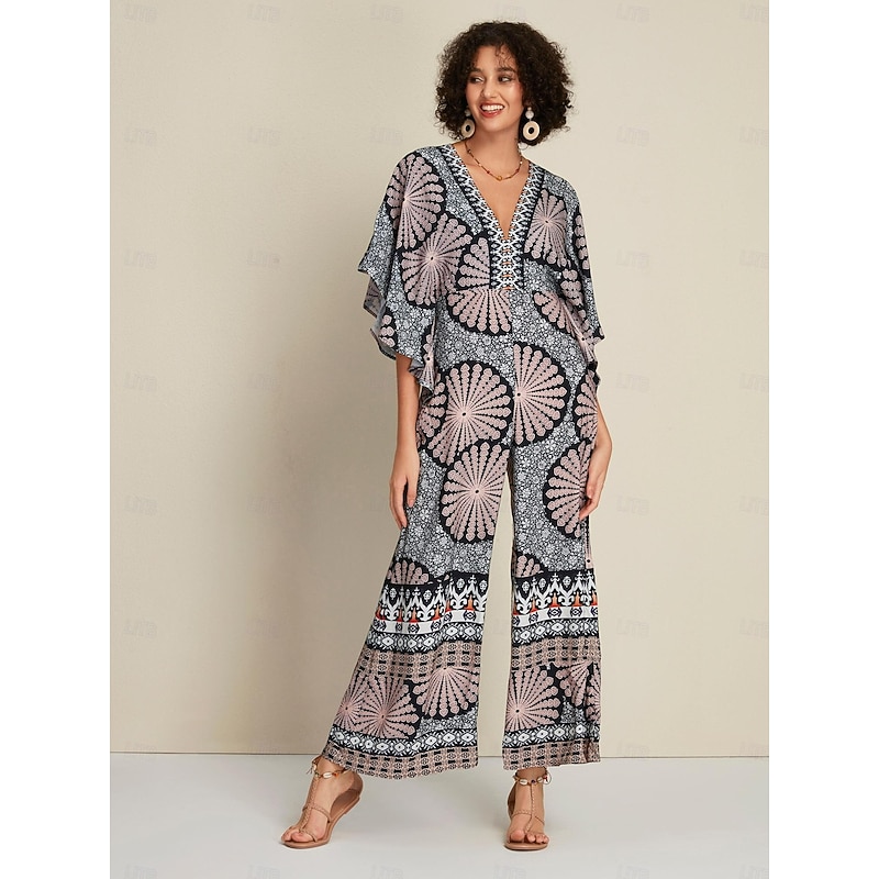 Satin Folk Print Magyar Sleeve Deep V Neck Jumpsuit