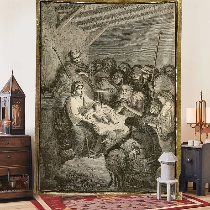 Christmas Hanging Tapestry Nativity Scene Printmaking Style Jesus Birth Large Wall Art Mural Decor Blanket Curtain Holiday Home Bedroom Living Room Religious Celebration Decoration