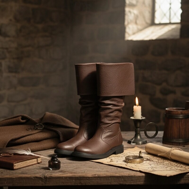 Men's Brown Faux Leather Medieval Pirate Style Slouch Boots – Fold-Over Knee-High Costume Boots for Cosplay, Renaissance Fairs & Themed Events2