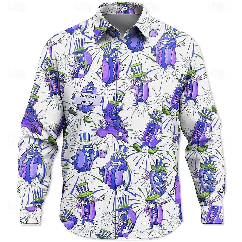 Men's American US Flag Hot Dog Patriotic Shirt Button Up Shirt Long Sleeve Funny Holiday Casual Daily Spring Fall Turndown 3D Print Collared Shirts White Purple2
