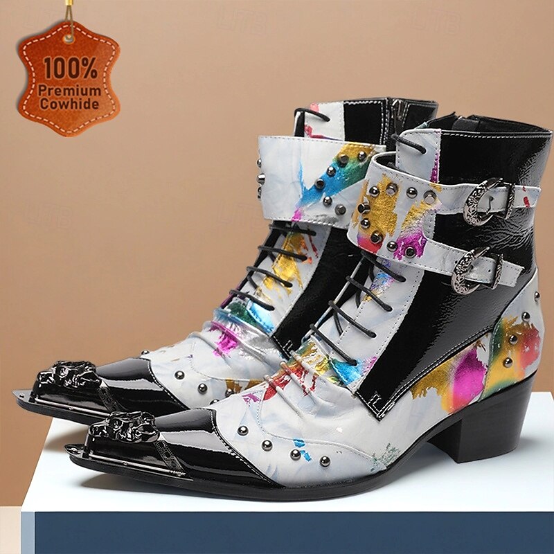 Men's White Genuine Leather Punk Ankle Boots with Graffiti Print and Double Buckle Straps, 100% Cowhide Lace-Up Western Boots for Stage, Parties and Cosplay Events