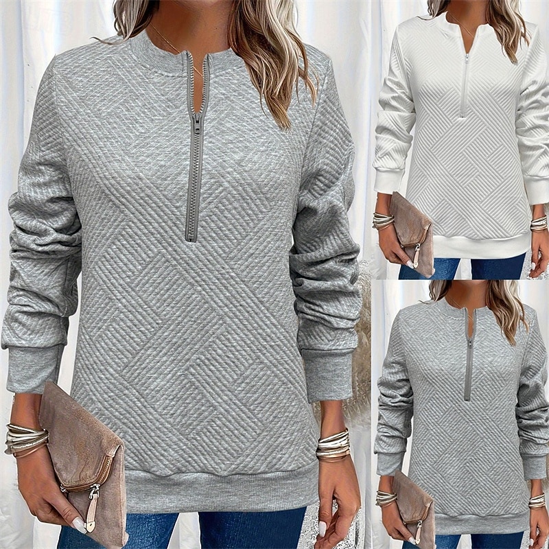 Women's Pullover Sweatshirt Plain Streetwear Casual Long Sleeve Half Zip Regular Tops Street Dailywear Zipper White Gray Fall Winter