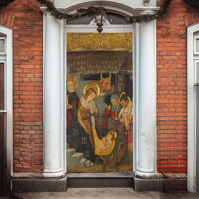 Christmas Door Cover Winter Holiday Decoration Drapes with Nativity Scene Featuring Baby Jesus Virgin Mary and Saint Joseph Print for Home Entryway Living Room Bedroom Indoor Outdoor3