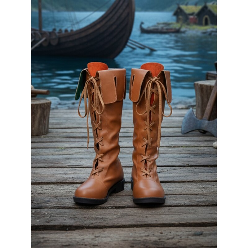 Women's Brown Faux Leather Medieval Viking Knee-High Lace-Up Boots, Retro Renaissance Costume Shoes for LARP, Cosplay, Festivals & Stage Performances3