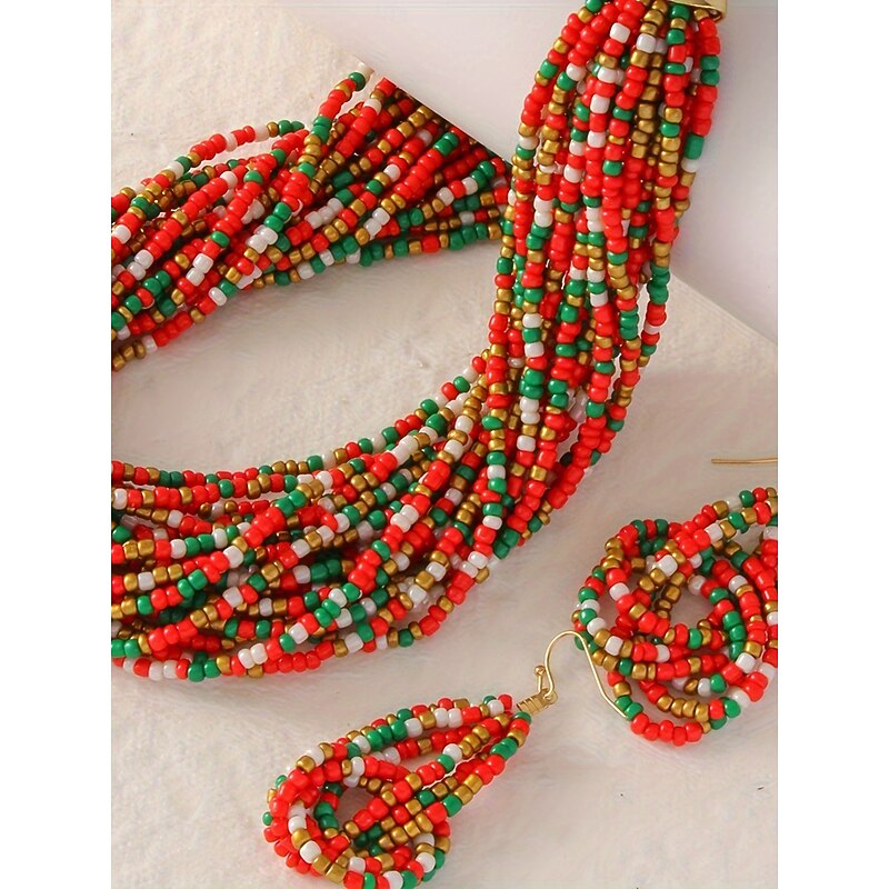 Women's Multicolor Beaded Necklace and Earrings Set, Festive Handmade Jewelry for Christmas Party & Holiday Outfits4