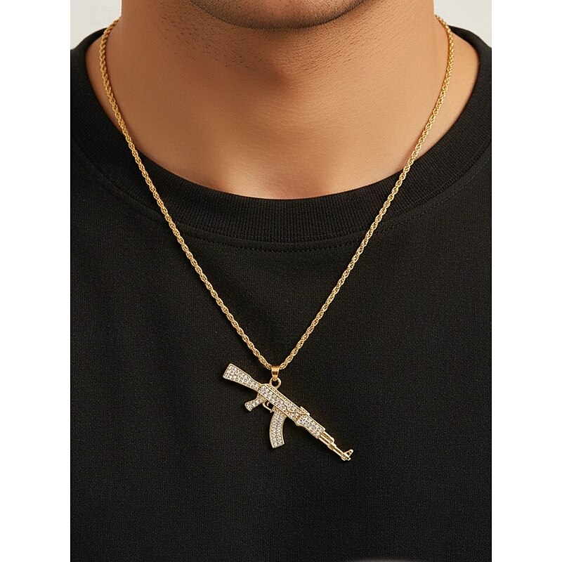 Men's Alloy Pendant Necklace with Rhinestone Gun Design, Hip Hop Bling Jewelry Chain, Fashion Statement Accessory for Parties, Concerts & Streetwear2