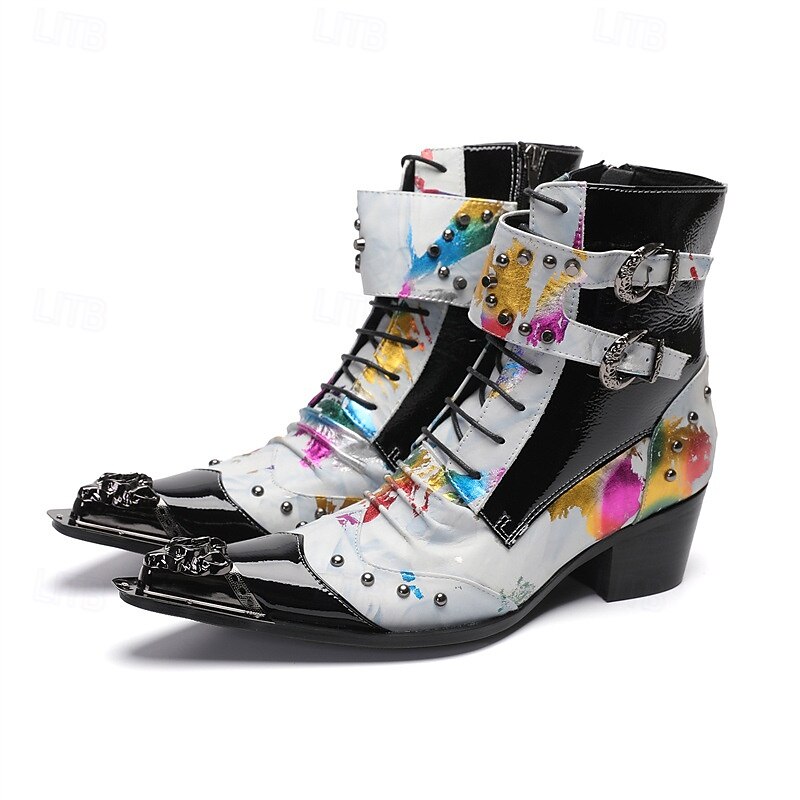 Men's White Genuine Leather Punk Ankle Boots with Graffiti Print and Double Buckle Straps, 100% Cowhide Lace-Up Western Boots for Stage, Parties and Cosplay Events4
