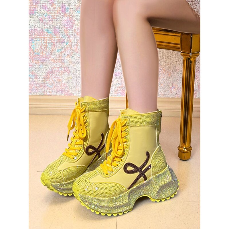 Women's Yellow Rhinestone Platform Boots - Lace-Up Glitter Chunky Heel Ankle Boots for Nightlife Party & Clubwear