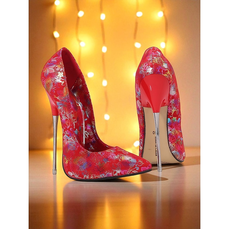 Women's Red Jacquard Stiletto High Heels, Sexy Pointed Toe Pumps with Metal Thin Heel, Party Nightclub Shoes for Nightlife & Pole Dance Performances