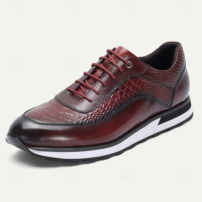 Men's Burgundy Genuine Leather Crocodile Embossed Sneakers with Round Toe and Contrast Stitching, Elegant Luxury Shoes for Parties and Business Events2